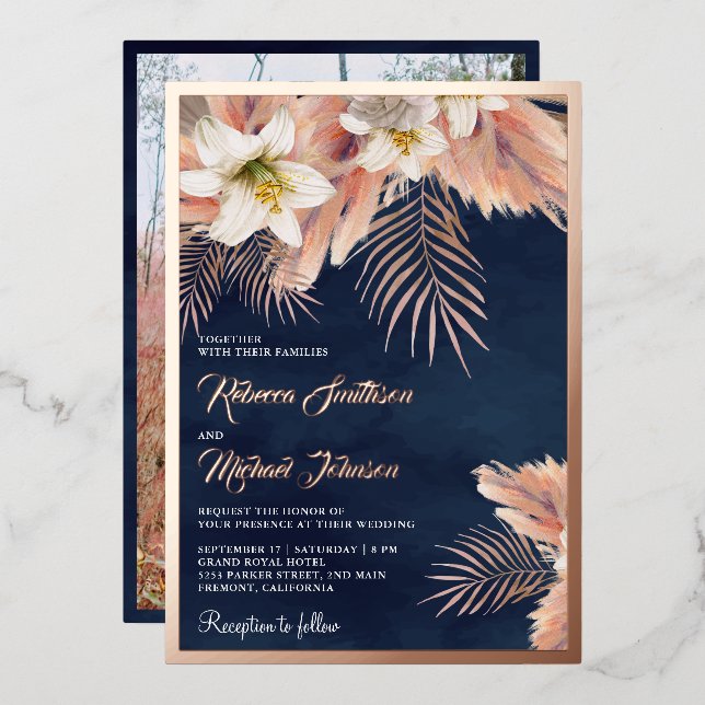 White Lily Boho Pampas Navy Blue Wedding Rose Gold (Front/Back)