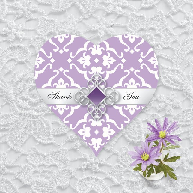 White Lily Damask Pattern Wedding Thank You Heart Sticker (Creator Uploaded)