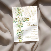 White Lily Floral Cross Faux Gold Glitter Baptism