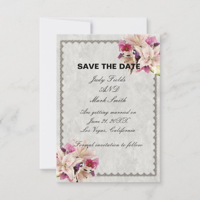 White Lily Floral Marble Save The Date Card (Front)