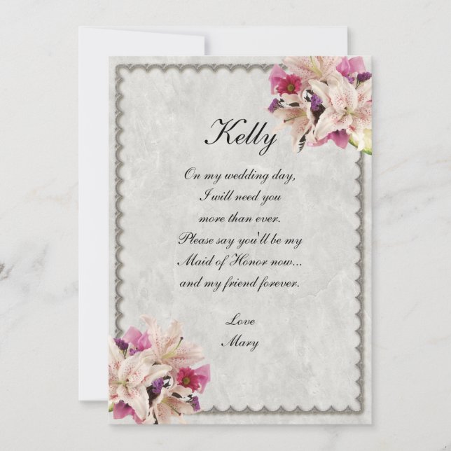 White Lily Floral Marble Wedding Maid Of Honour Invitation (Front)