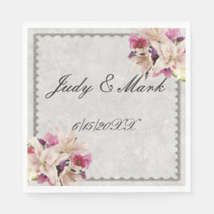 White Lily Floral Marble Wedding Paper Napkins