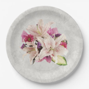 White Lily Floral Marble Wedding Paper Plate
