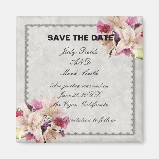 White Lily Floral Marble Wedding Save The Date Magnet (Front)
