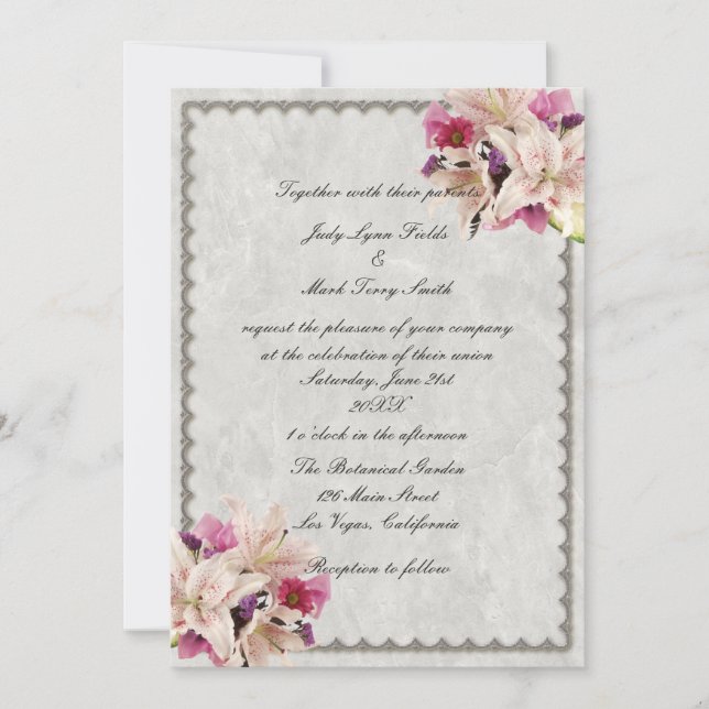 White Lily Floral Marbre Mariage Invitations (Devant)