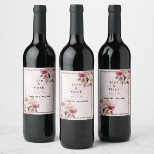 White Lily Floral Pink Marble Wedding Wine Labels