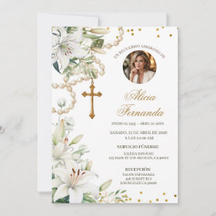 White Lily Floral Rosary Catholic Funeral Invitati Invitation