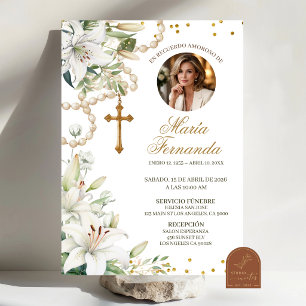 White Lily Floral Rosary Catholic Funeral Invitati Invitation