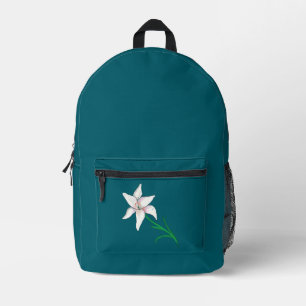 White Lily Flower Cool Dark Turquoise and Teal Printed Backpack