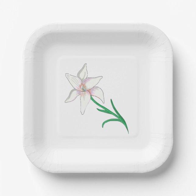 White Lily Flower Illustration  Paper Plate (Front)