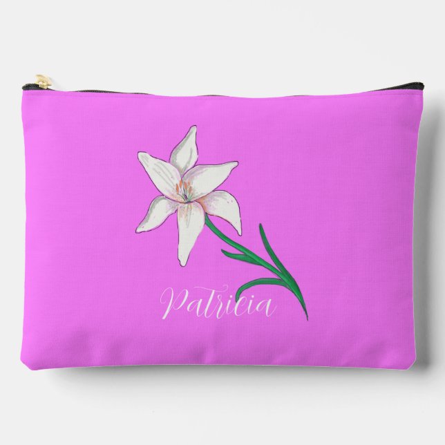 White Lily Flower Illustration Personalized Accessory Pouch (Front)