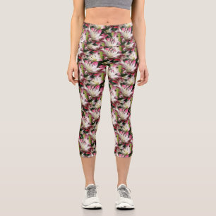 White Lily Flower Nature Pattern  Capri Leggings