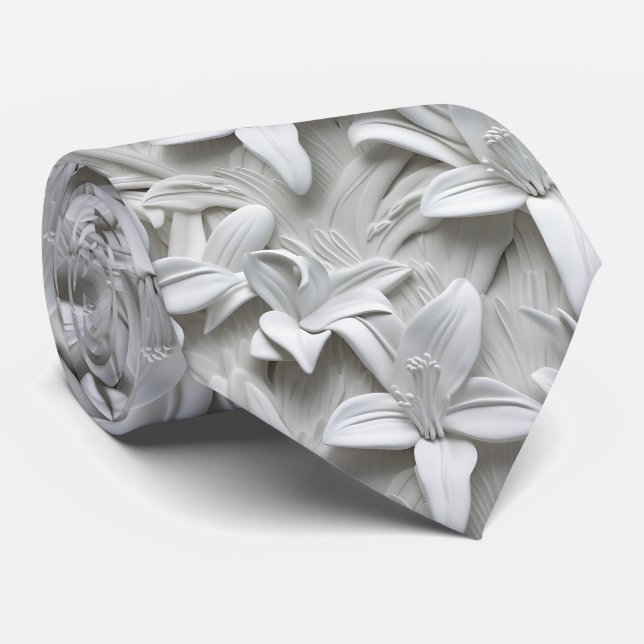 White Lily Flower Seamless Pattern Tie (Rolled)