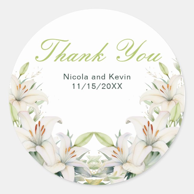 White Lily Flowers Wedding Classic Round Sticker (Front)