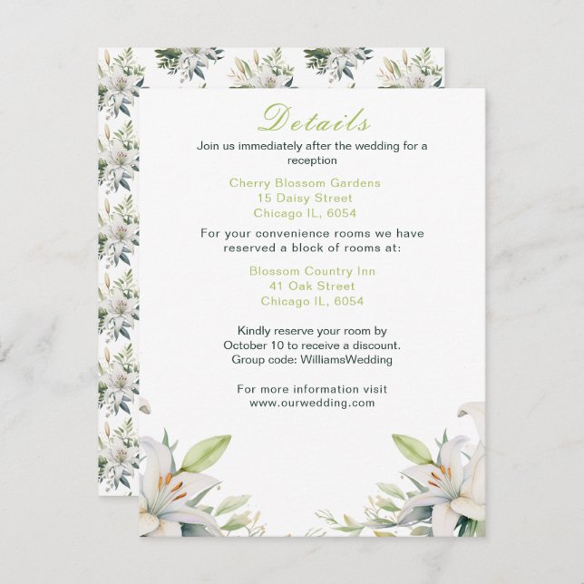 White Lily Flowers Wedding Enclosure Card (Front/Back)