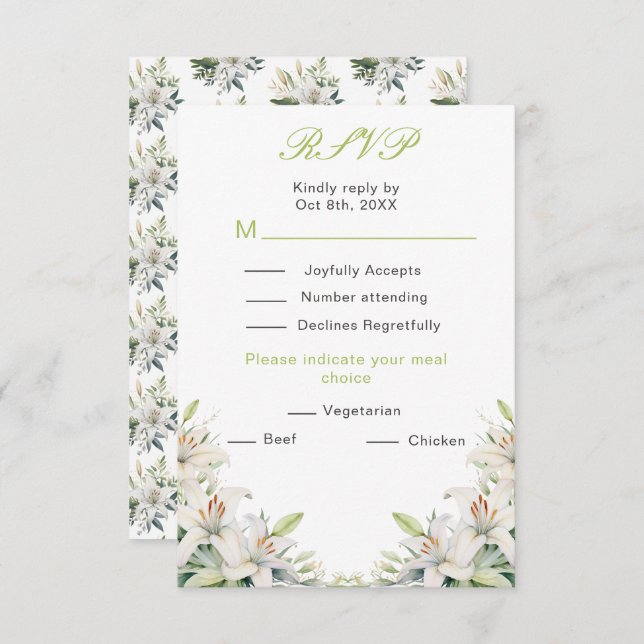 White Lily Flowers Wedding RSVP Card (Front/Back)