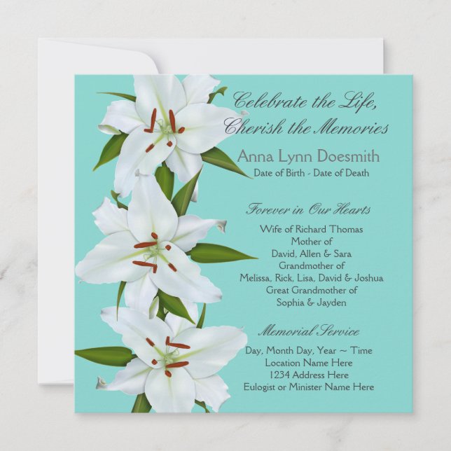 White Lily Funeral Announcements (Front)