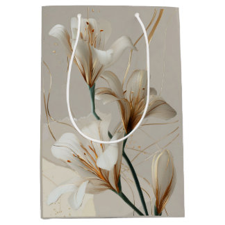 White Lily Gold Minimalist Elegant Neutral Medium Gift Bag