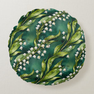 White Lily of the Valley on Teal Round Pillow
