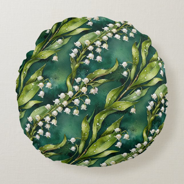 White Lily of the Valley on Teal Round Pillow (Front)
