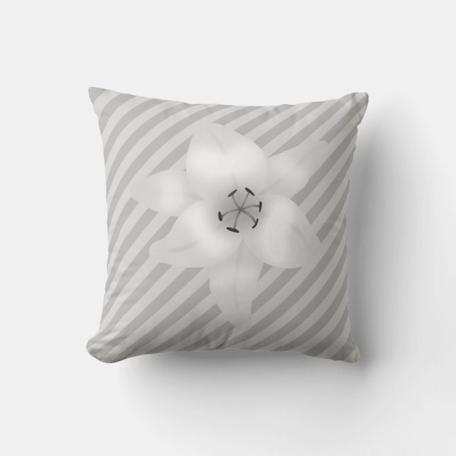 White Lily on a Grey Stripe Pattern. Throw Pillow (Front)