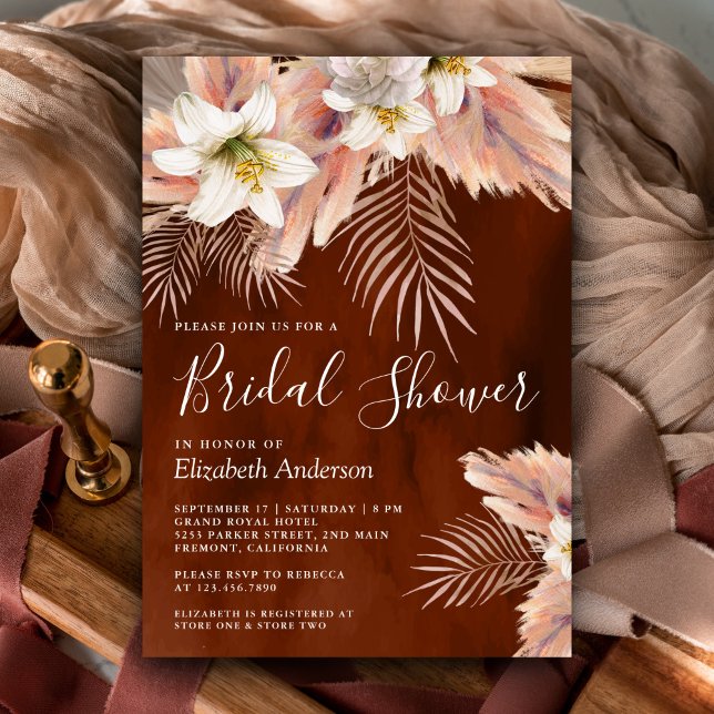 White Lily Palm Pampas Burnt Orange Bridal Shower Invitation (Creator Uploaded)