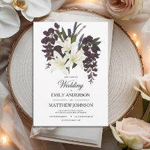 White Lily & Plum Floral Wedding Invitation
