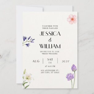 White Lily Purple Lotus Wedding Invitation