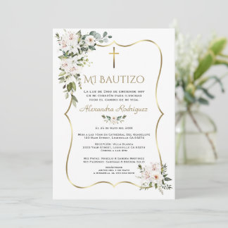 White Lily Rose Bautizo Con Flores Gold Baptism  Invitation