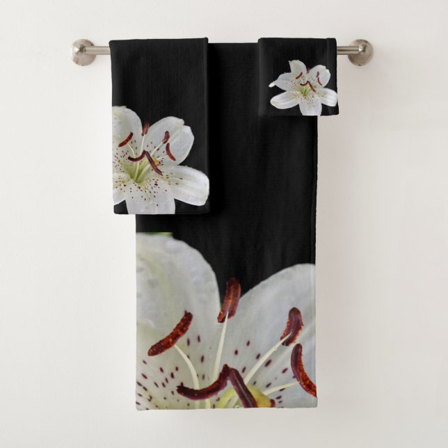 White Lily with Purple Centre on Black Background Bath Towel Set (Insitu)