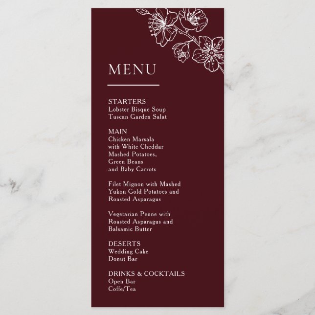 White Line Art Flowers Deep Burgundy Wedding Menu (Front)