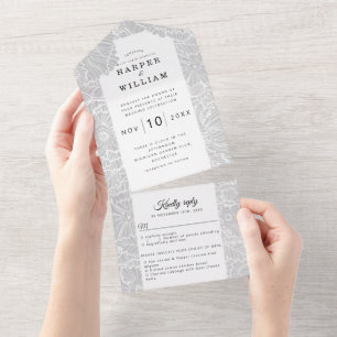 white line art flowers on light grey wedding all in one invitation