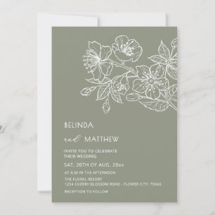 White Line Art Flowers Sage Green Casual Wedding Invitation