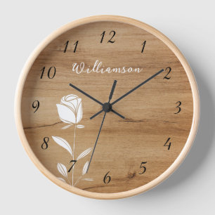 White Line Art Rose Wood Background  Clock