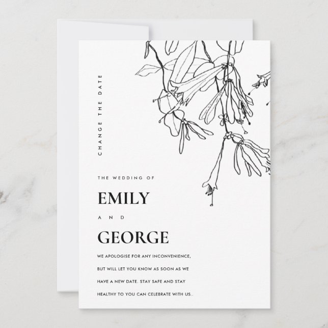 WHITE LINE DRAWING FLORAL CHANGE THE DATE CARD (Front)