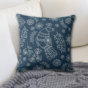 White Line Nordic Bird Pattern on Blue Throw Pillow
