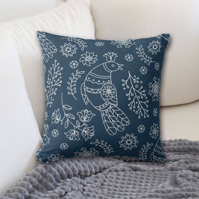 White Line Nordic Bird Pattern on Blue Throw Pillow (Creator Uploaded)
