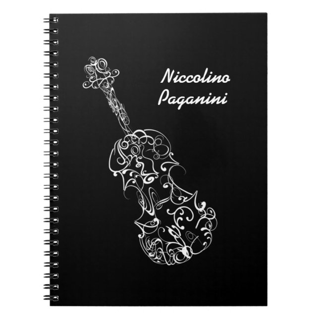 White Line Violin Drawing, Customizable Name Notebook (Front)