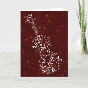 White Line Violin Drawing on Deep Red Background Card