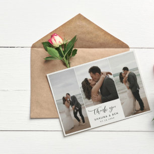 White Lined Back 3 Photo Collage Wedding Thank You Card