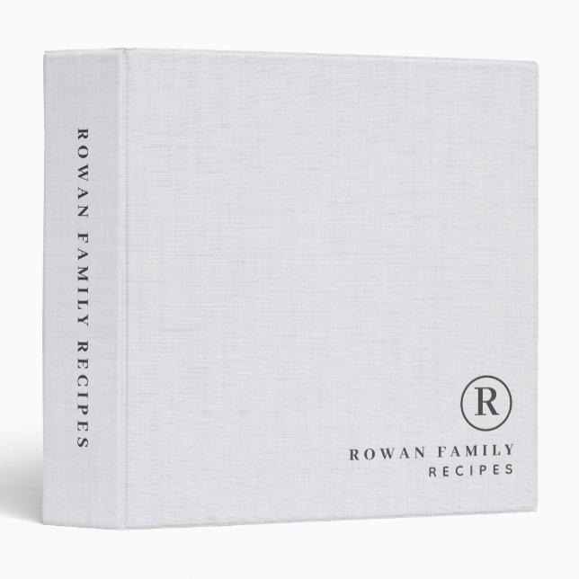 White Linen Professional Monogram Initial Recipes Binder (Front/Spine)