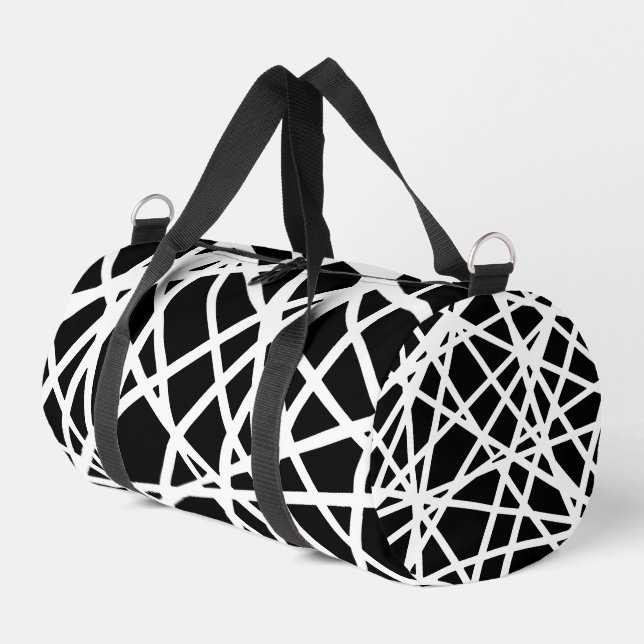 White Lines And Irregular Black Shapes Abstract Duffle Bag (Left Corner)
