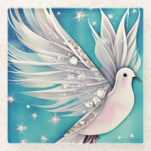 White little dove with ethereal wings glass coaster
