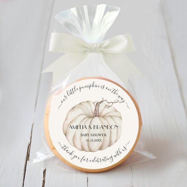 White Little Pumpkin Baby Shower Thank You Classic Round Sticker (Our little pumpkin baby shower thank you stickers)