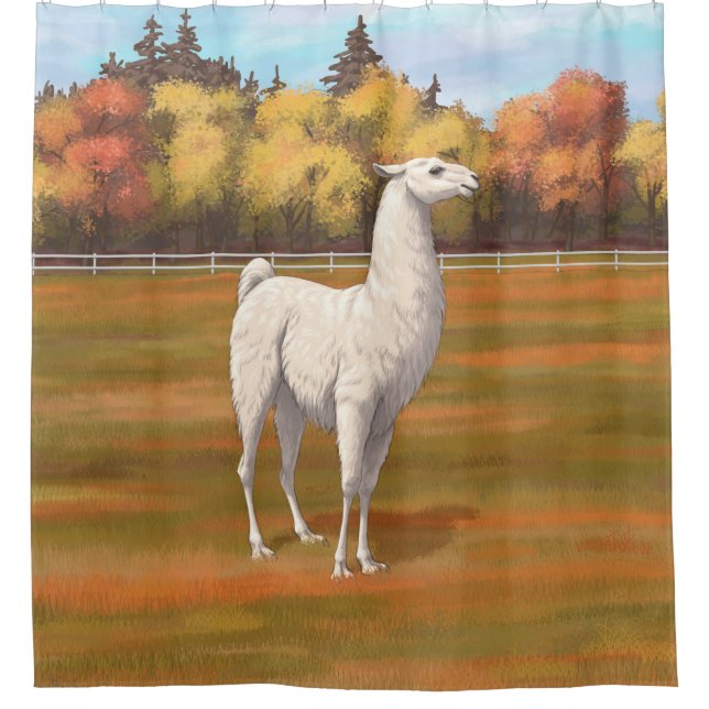 White Llama in Autumn Farm Pasture (Front)