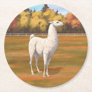 White Llama in Autumn Farm Pasture Round Paper Coaster