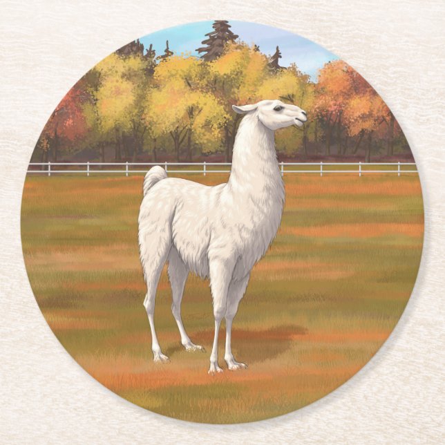 White Llama in Autumn Farm Pasture Round Paper Coaster (Front)