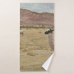 WHITE LLAMA ON BROWN GRASS BATH TOWEL