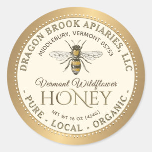 White Local Organic Honey Label with honeybee