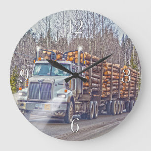 White Logging Truck Lumber Mill Delivery Art Large Clock